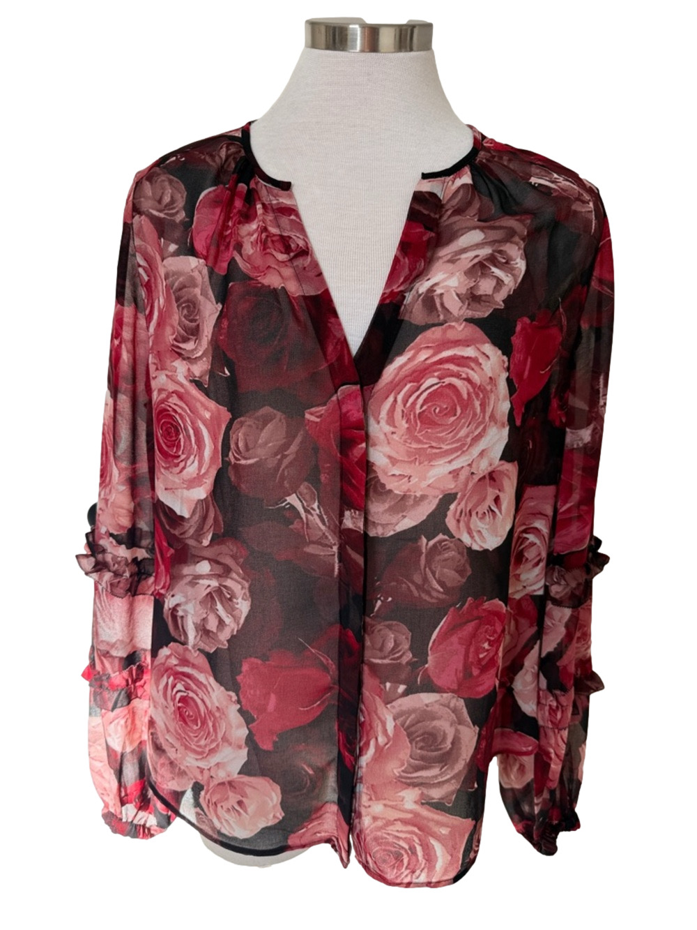 White House Black Market black & pink floral blouse sz M
